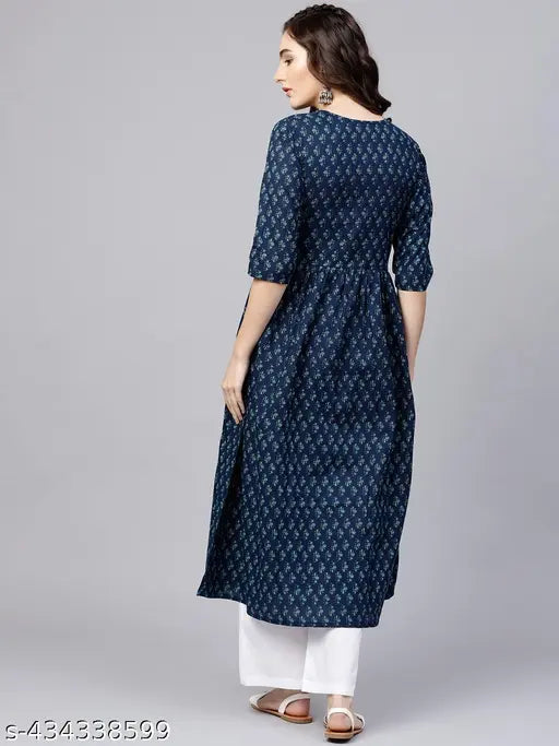 Blue & White Cotton Anarkali Jumpsuit with Geometric Print, Round Buttoned Neck, 3/4th Sleeves for Women & Teenage Girls. Set includes 1 Kurti and 1 Palazzo. Ideal for casual, office, traditional, or festive occasions. Hand/Machine wash. Made in India