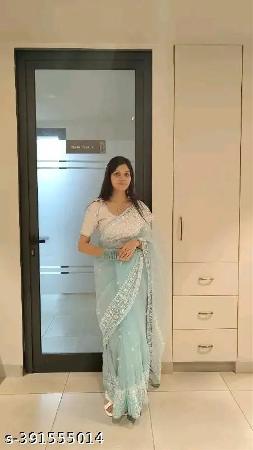 Net fabric party wear embroidered saree, single piece in Bangalori silk, free size, India origin