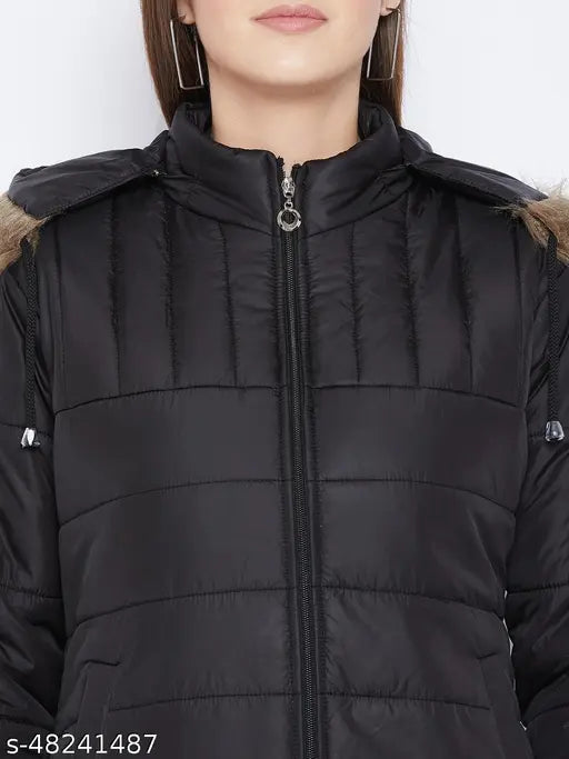 Black women's polyester parka jacket, full sleeve, solid design, Vero Amore brand. Quilted with quality polyfill, detachable faux fur hood, 3 pockets (1 interior, 2 exterior). India origin