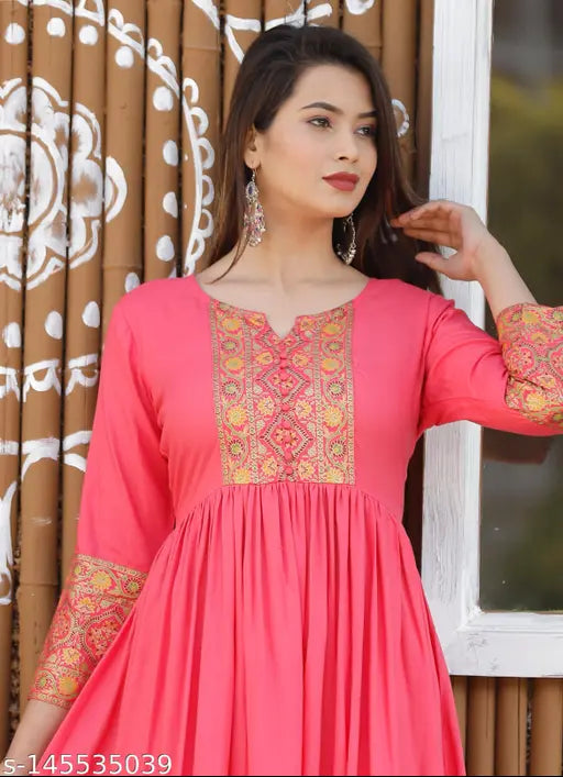 Pink embroidered banita kameez with long sleeves, casual fit