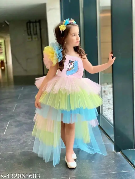 Unicorn frock, pastel multicolored layers, girl's birthday party dress