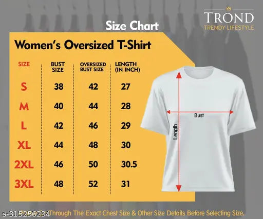 Womens oversized round neck printed t-shirt size chart, available in plus size, with visible length and bust size measurements