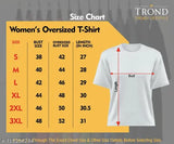 Womens oversized round neck printed t-shirt size chart, available in plus size, with visible length and bust size measurements