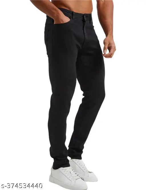 Premium black denim jeans for men with stretch, durable and versatile, featuring functional pockets and a comfortable waistband. Made in India