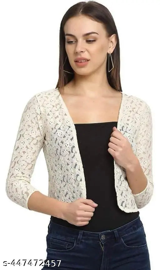 Stylish white net sharug women's cape, printed with intricate design, three-quarter sleeve, XS-XXXL sizes available, India origin