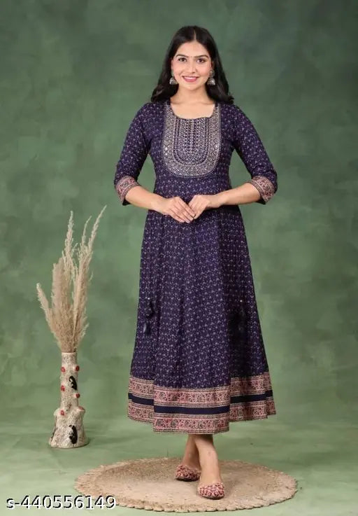 Viscose rayon printed flared anarkali kameez with embroidery, fashionable women's outfit