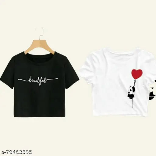 Trendy modern cotton crop tops, printed design on short sleeves, pack of 2 for women's fashion