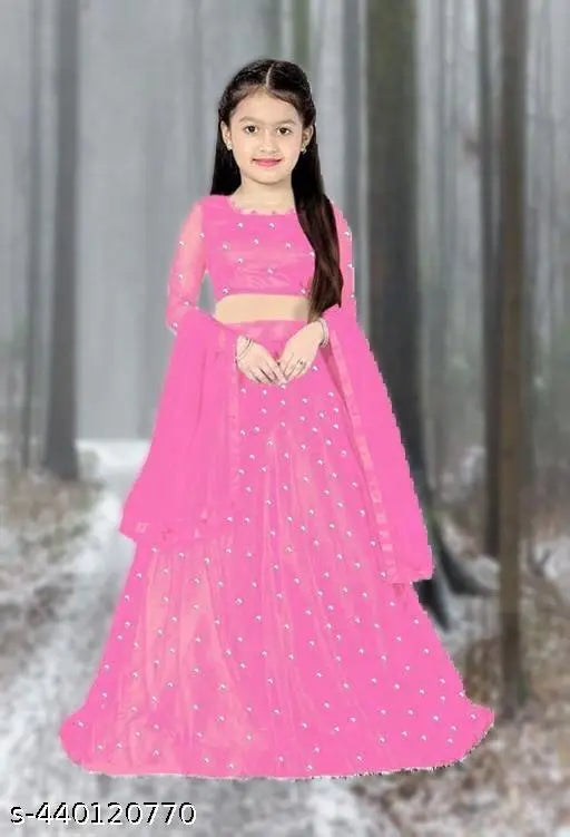 Embellished net LENGHA CHOLI kids set for Indian traditional wear, available in various sizes from 0-3 months to 15-16 years