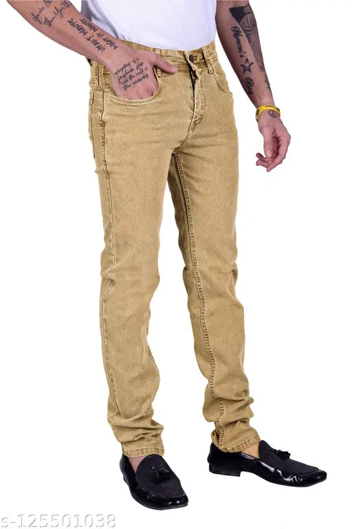 Men's mid-rise regular fit slim beige jeans, 100% cotton denim for durability and comfort