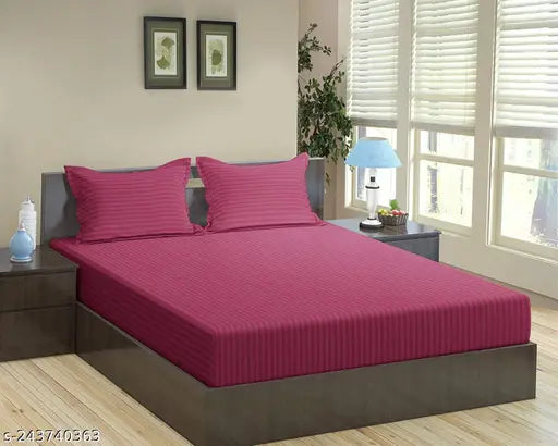 N G Products Combo Pack of Glace Cotton Satin Stripes Plain Color 2 Bedsheets for Double Bed with 4 Pillow Covers, Size 90 x 90 Inch, Color- Green & Maroon