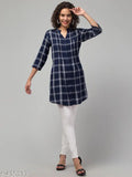 Blue checkered rayon tunic with mandarin collar, 3/4th sleeves, V-neck, button front - Indian women's fashion