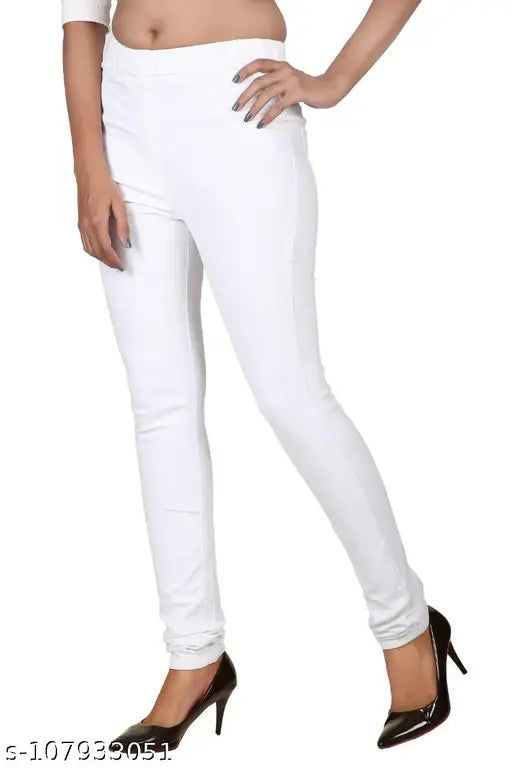 Solid white denim lycra jeggings for plus size women, stretchable and high rise, perfect for a stylish fit. Made in India