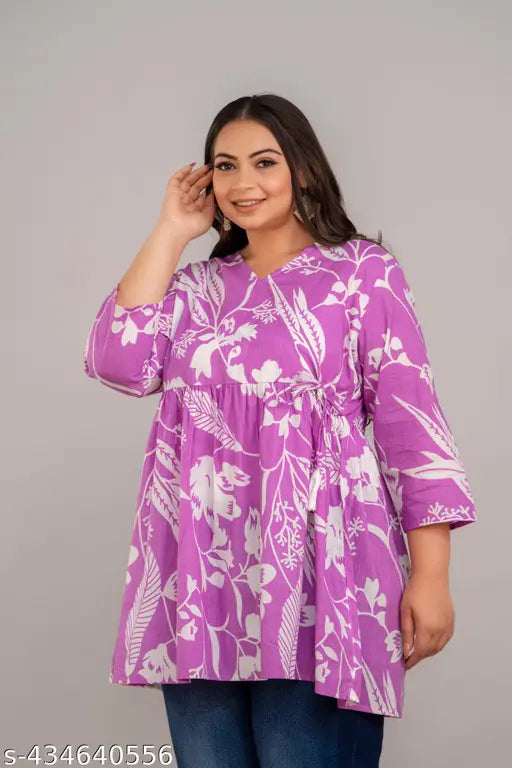 Purple rayon plus size short kurti, printed with trendy design for comfortable fashion in all times. Beautiful color adds rich style and flared pattern is attractive