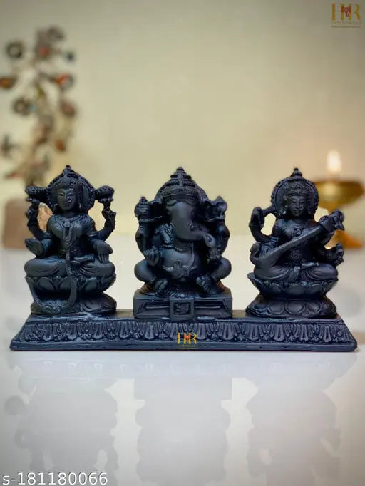 Black idol set of three - Lakshmi, Ganesh, Saraswati - for home decoration or gifting