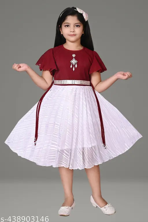 Red cotton girls' dress with beaded trim and matching headband