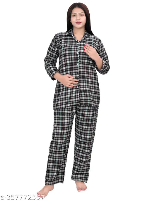 Green Cotswool women's woolen pajama set with long sleeves and collared neck. Hand wash only, made in India