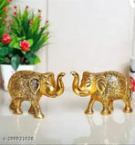 Gold-polished Chandra Art Collection elephant idols set (8cm metal yellow), symbolizing wisdom & strength for home/office decor