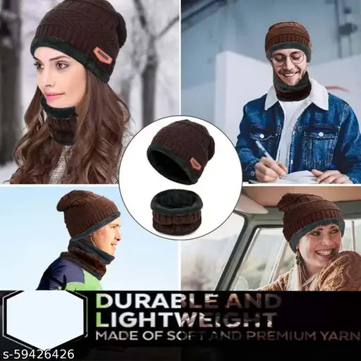 Woolen beanie cap with neck warmer and gloves - black, premium quality material for cold weather protection, 3M