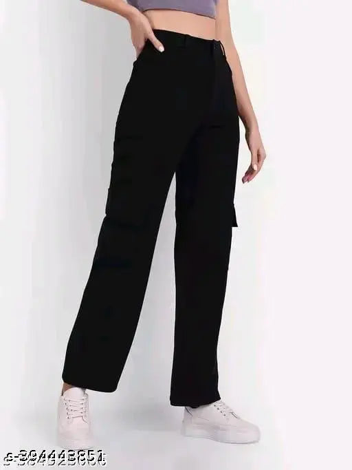 Four-pocket cargo pants for women, black high waist with zipper