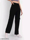Four-pocket cargo pants for women, black high waist with zipper