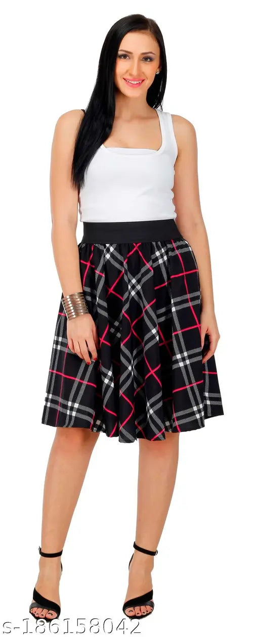 Multicolor polyester crepe knee-length skirt combo, printed net pattern, 24 inches long, women's sizes 26-36 (26in/34in/40in hip), Indian origin