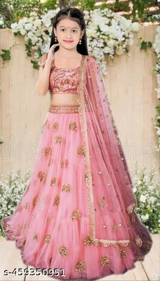 Pink net embroidered work lehenga, choli and dupatta set for girls (pack of 1)