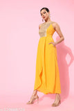 Mustard solid polyester halter neck jumpsuit for women, embellished, sleeveless with front pleats - Miss Chase