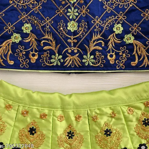 Acrylic-cotton blend, sleeveless embroidered lehenga with net dupatta in floral stitch pattern. Indian-made SanLehangha for 1-2 year olds