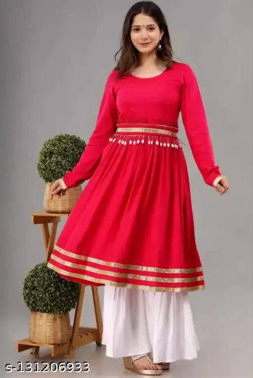 Women's rayon calf-length designer hand-worked Anarkali kurta with palazzos, solid net, three-quarter sleeves. Indian-made traditional outfit on mannequin