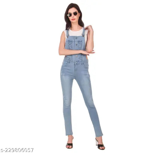 Women's stretchable slim fit denim dungaree, solid print, sleeveless, mid-rise, high quality, color-guaranteed soft denim fabric, India origin