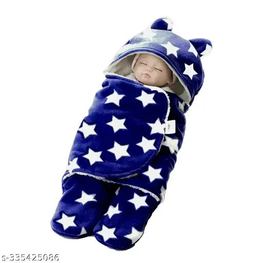Soft microfiber star-printed hooded blanket set for 0-6 month babies (2pcs), India-made