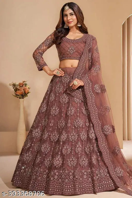 Stylish semi-stitched net Lehenga Choli with chain embroidery, Indian ethnic wear for girls and women