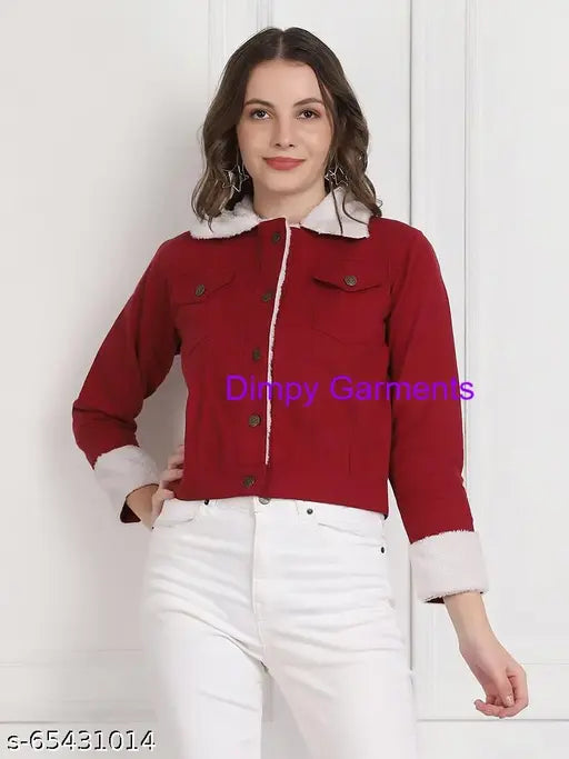 Maroon twill denim fur jacket, comfort fit for women, long sleeves, spread collar, snap button closure