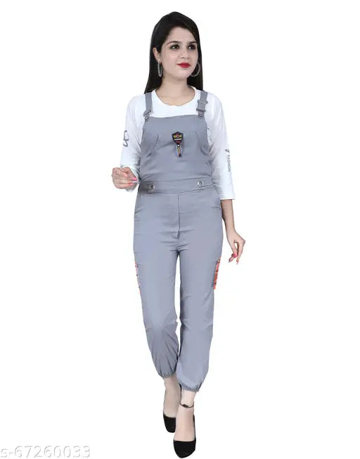 Grey cotton blend dungaree dress with adjustable shoulder straps and 3/4 sleeves for girls, ankle length, printed net pattern