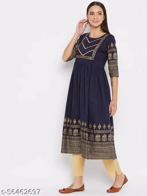WineRed women's navy blue floral print cotton flared kurta