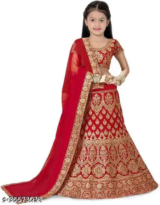 Red satin embroidered kids lehenga choli, short-sleeved blouse & net dupatta - Perfect for ethnic occasions (India)