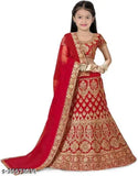 Red satin embroidered kids lehenga choli, short-sleeved blouse & net dupatta - Perfect for ethnic occasions (India)
