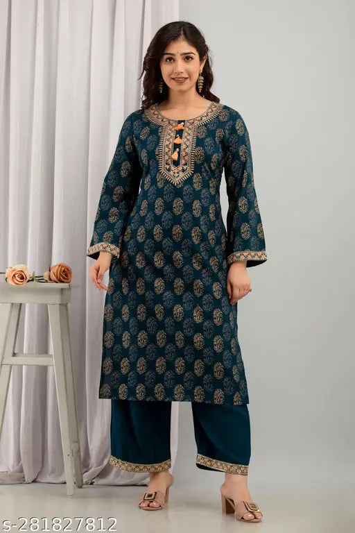 Rayon kurta set with palazzos, blue floral embroidery on lightweight viscose fabric - Aakarsha fashionable women's wear
