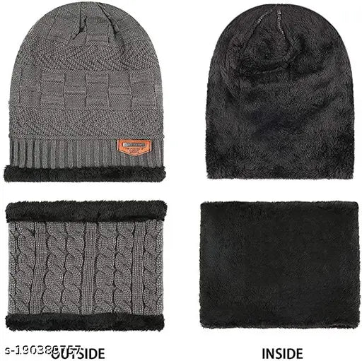 Woolen beanie caps with neck muffler set (Acrylic, Fur, Wool), ideal for men & women in winter wear, free size - perfect for casual outdoor activities