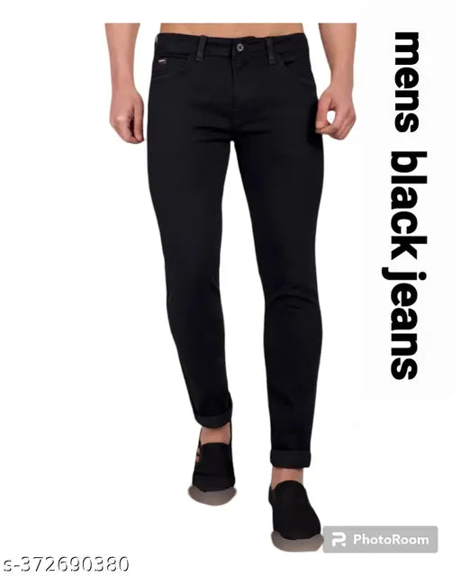 Men's black denim skinny mid-rise jeans, 100% stretchable fabric. Fits waist size 28in and length size 39in, made in India