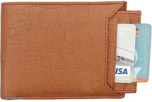 Tan PU Men's Wallet with 5 Compartments, solid pattern, free size (9cm x 12cm), compact and durable leather feel, perfect for gifting