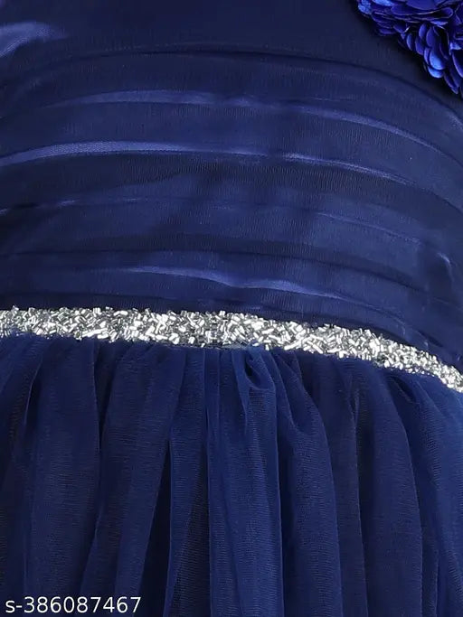 Navy blue embroidered party dress for girls on net fabric, full length with shoulder straps, size 7-8 years (India origin)