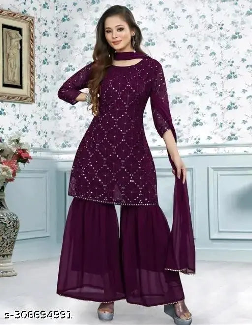Solid Georgette Sequence Work Kurta Set with Embroidered Sharara & Dupatta, Indian designer wear for parties and events