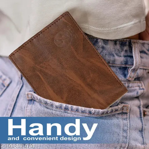 Brown faux leather slim wallet, three compartments, textured pattern, utility wallet for men