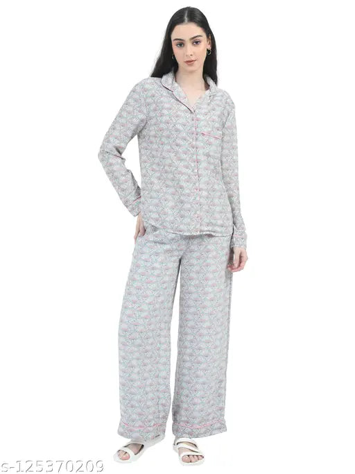 Grey women's loose fit full sleeve button down top with elastic closure nightsuit pajama set in grey, navy blue, and pink check prints - polyester and viscose fabric for comfortable sleepwear
