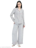 Grey women's loose fit full sleeve button down top with elastic closure nightsuit pajama set in grey, navy blue, and pink check prints - polyester and viscose fabric for comfortable sleepwear