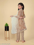 Printed cotton embroidery kurta set with harem pants & net dupatta, trendy design for girls aged 4-13. Indian-made casual wear with A-line top and three-quarter sleeves