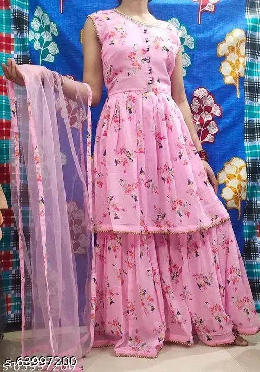 Pink, floral embroidery on fabric, two-piece frock and sharara design, net dupatta
