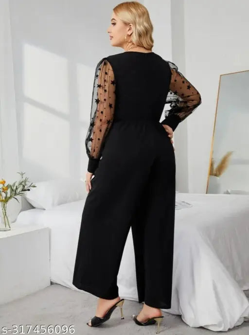 Lycra jumpsuit with star pattern, long sleeves, available in XS-XXXL. Dyed/washed net fabric for a fancy look