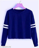 Solid regular blue cotton blend women's long sleeve t-shirt, casual and comfortable for ladies